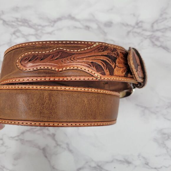 Tony Lama Brown Leather Floral Tooled Belt with Silver Buckle Top Hand - Picture 5 of 16